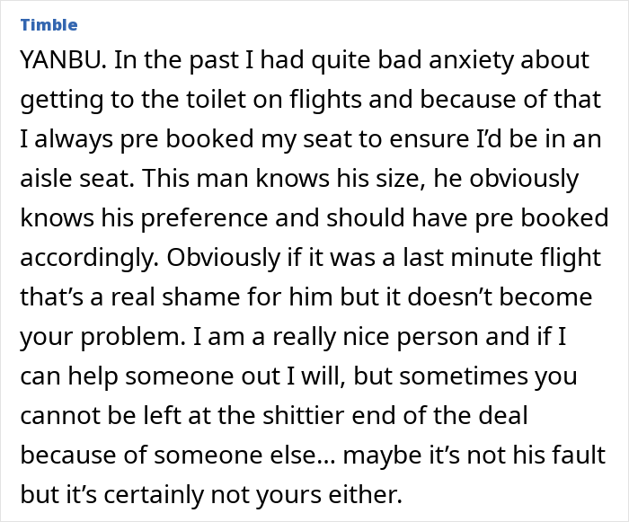 Text discussing refusal to switch seats with overweight passenger on a flight. Text discussing refusal to switch seats with overweight passenger on a flight.
