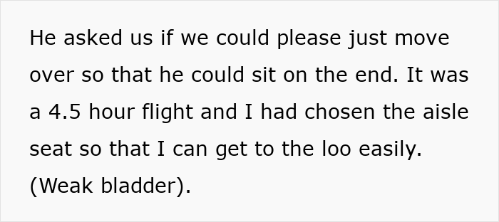 Text description about a passenger's choice of an aisle seat on a 4.5-hour flight, opting for bathroom access. Text description about a passenger's choice of an aisle seat on a 4.5-hour flight, opting for bathroom access.