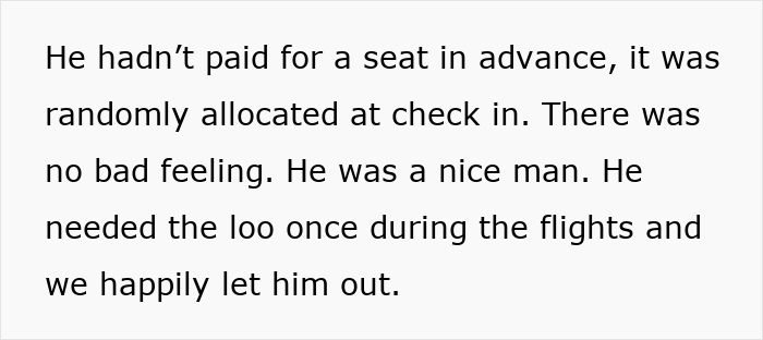 Text discusses seat allocation and bathroom access for an airline passenger. Text discusses seat allocation and bathroom access for an airline passenger.