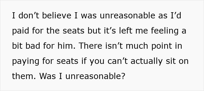 Text exchange about feelings after refusing to switch seats with an overweight traveler. Text exchange about feelings after refusing to switch seats with an overweight traveler.