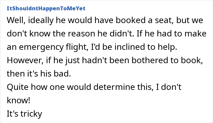 Text discussing seat booking issues and considerations for switching seats with an overweight traveler. Text discussing seat booking issues and considerations for switching seats with an overweight traveler.