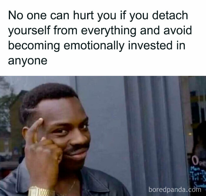 Man tapping head with text about detachment and avoiding emotional investment, popular meme from Diary Introverts.