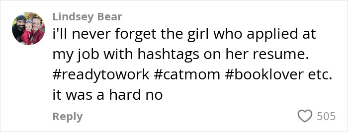 Comment about résumé mistakes in 2025, mentioning hashtags like #readytowork and #catmom, with 505 likes. Comment about résumé mistakes in 2025, mentioning hashtags like #readytowork and #catmom, with 505 likes.