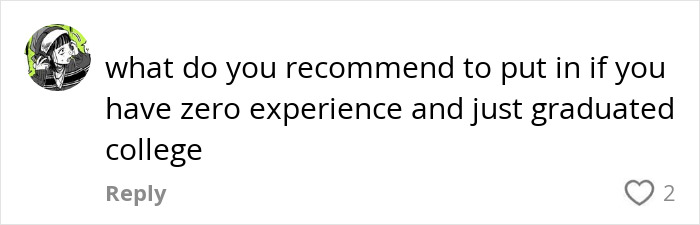 Comment asking for résumé advice for new graduates, part of viral résumé writing discussion in 2025. Comment asking for résumé advice for new graduates, part of viral résumé writing discussion in 2025.