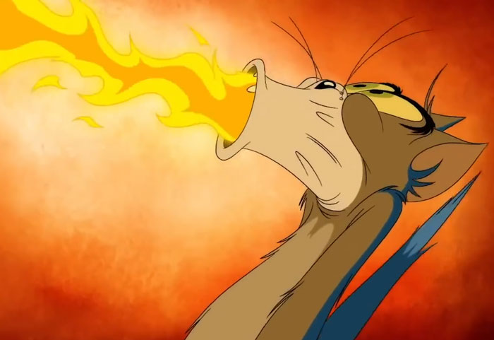 Cartoon cat breathing fire, symbolizing a spicy surprise for the ice cream thief. Cartoon cat breathing fire, symbolizing a spicy surprise for the ice cream thief.