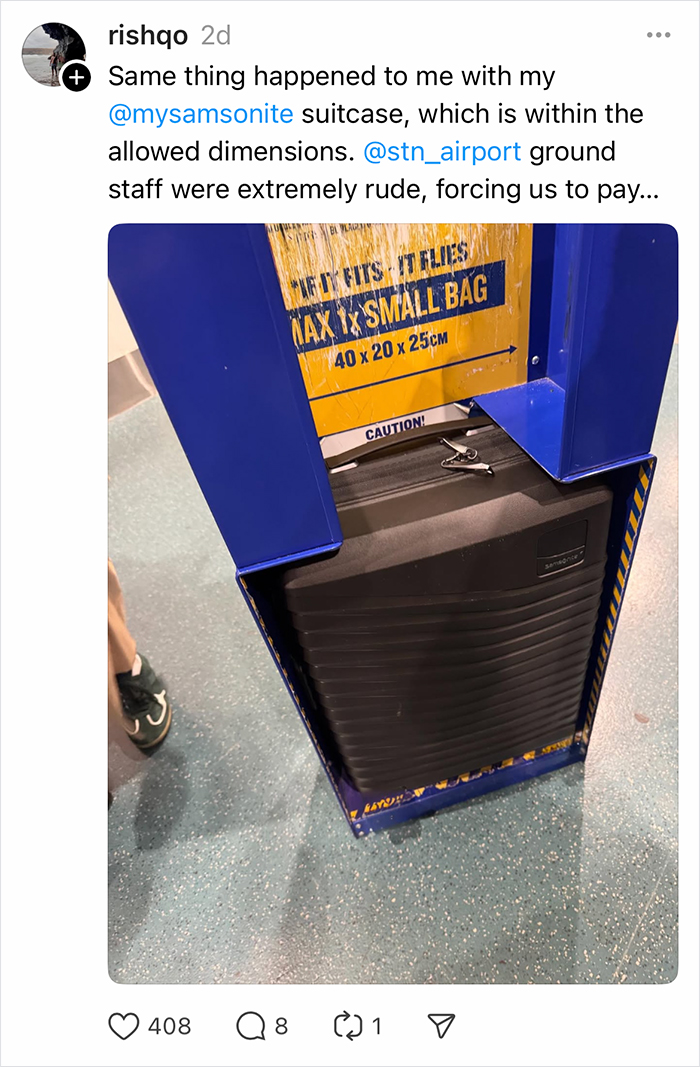 Woman’s Luggage Perfectly Fits The Required Size, Has To Pay Extra Or Not Fly Woman’s Luggage Perfectly Fits The Required Size, Has To Pay Extra Or Not Fly