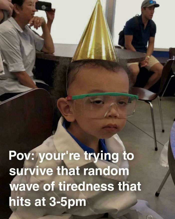 Child in party hat and goggles looking tired, capturing a relatable adulthood meme moment.