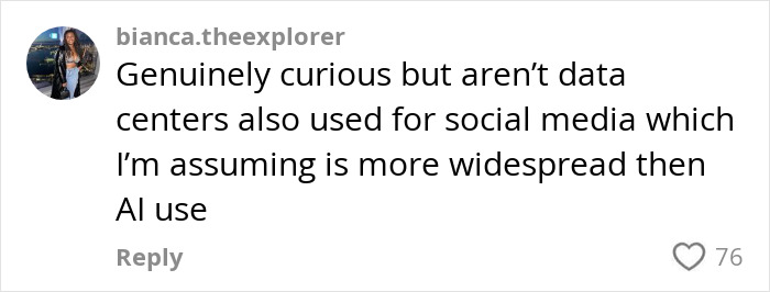 Comment questioning AI's environmental impact versus social media. Comment questioning AI's environmental impact versus social media.