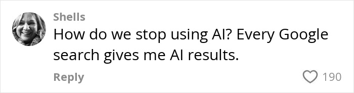 Woman comments on AI impact, asking how to stop using it, highlighting AI presence in search results. Woman comments on AI impact, asking how to stop using it, highlighting AI presence in search results.