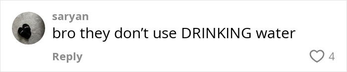 Comment on AI's environmental impact, stating, "bro they don't use DRINKING water," with a like count of 4. Comment on AI's environmental impact, stating, "bro they don't use DRINKING water," with a like count of 4.