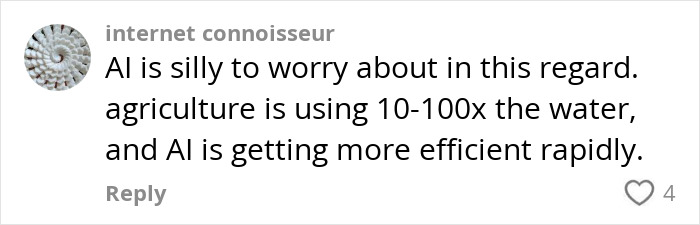 Comment discussing AI's environmental impact, noting agriculture's higher water usage and AI's increasing efficiency. Comment discussing AI's environmental impact, noting agriculture's higher water usage and AI's increasing efficiency.