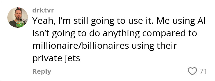 Comment discussing the environmental impact of AI compared to private jet use. Comment discussing the environmental impact of AI compared to private jet use.