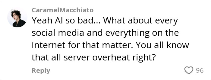 Woman discusses AI's negative environmental impact in a comment, questioning social media and internet server usage. Woman discusses AI's negative environmental impact in a comment, questioning social media and internet server usage.