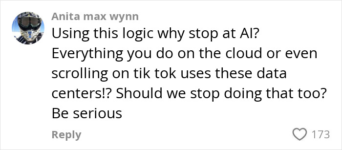 Comment questioning AI's environmental impact, suggesting cloud use is also harmful. Comment questioning AI's environmental impact, suggesting cloud use is also harmful.