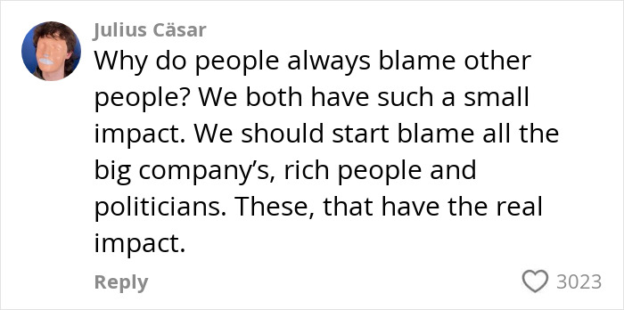 Comment discussing AI impact on environment, highlighting blame on companies and politicians with over 3,000 likes. Comment discussing AI impact on environment, highlighting blame on companies and politicians with over 3,000 likes.