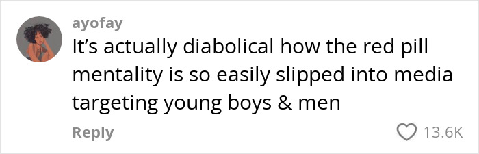 Comment discussing red-pill mentality and its influence on media targeting young men, with 13.6K likes. Comment discussing red-pill mentality and its influence on media targeting young men, with 13.6K likes.