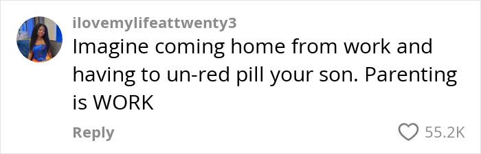 Comment on misogynistic beliefs, mentioning un-red-pilling son, with parenting emphasis, received 55.2K likes. Comment on misogynistic beliefs, mentioning un-red-pilling son, with parenting emphasis, received 55.2K likes.