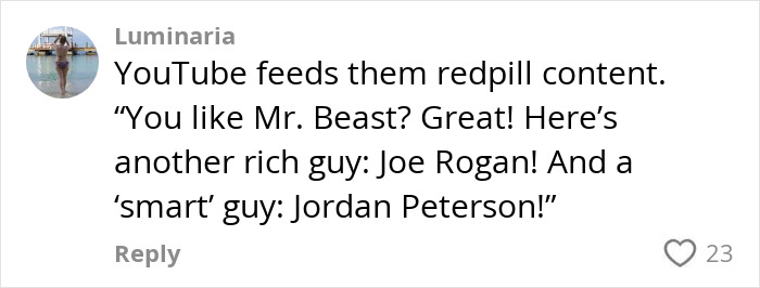 Comment discussing red-pill content on YouTube and mentioning Mr. Beast, Joe Rogan, and Jordan Peterson. Comment discussing red-pill content on YouTube and mentioning Mr. Beast, Joe Rogan, and Jordan Peterson.
