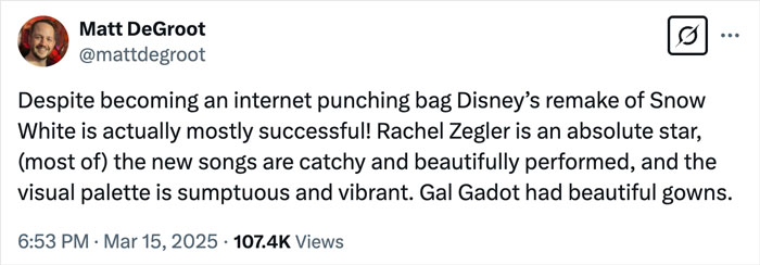 Matt DeGroot praises Disney's new Snow White, highlighting success and standout performances. Matt DeGroot praises Disney's new Snow White, highlighting success and standout performances.