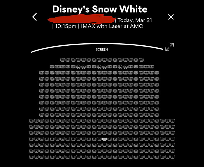 Empty theater seating chart for 'Snow White' in IMAX, highlighting low attendance during primetime. Empty theater seating chart for 'Snow White' in IMAX, highlighting low attendance during primetime.