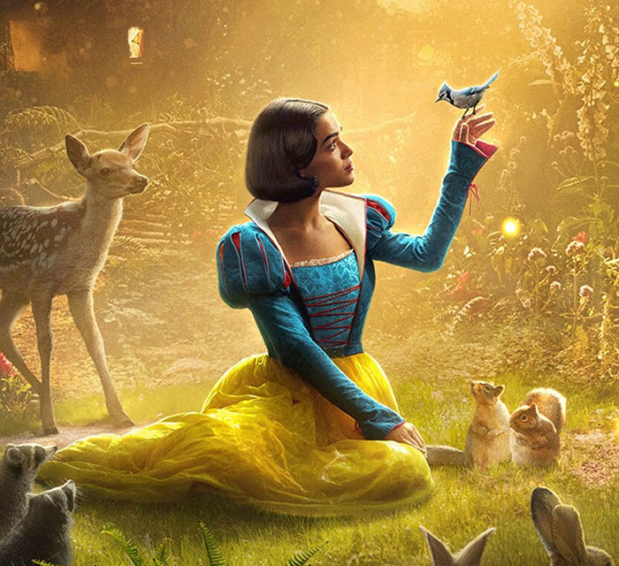 Snow White in the forest surrounded by animals, holding a bluebird, in a Disney scene. Snow White in the forest surrounded by animals, holding a bluebird, in a Disney scene.
