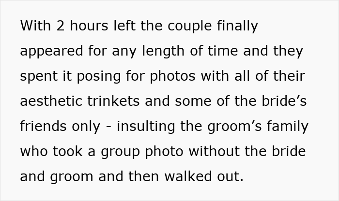 Text describing a couple's lengthy wedding focused on posing for photos, creating tension with the groom's family. Text describing a couple's lengthy wedding focused on posing for photos, creating tension with the groom's family.