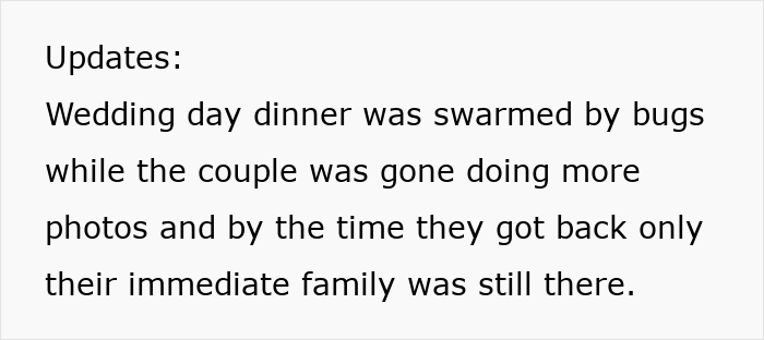 Wedding couple poses for cameras; guests left as dinner swarmed by bugs. Wedding couple poses for cameras; guests left as dinner swarmed by bugs.