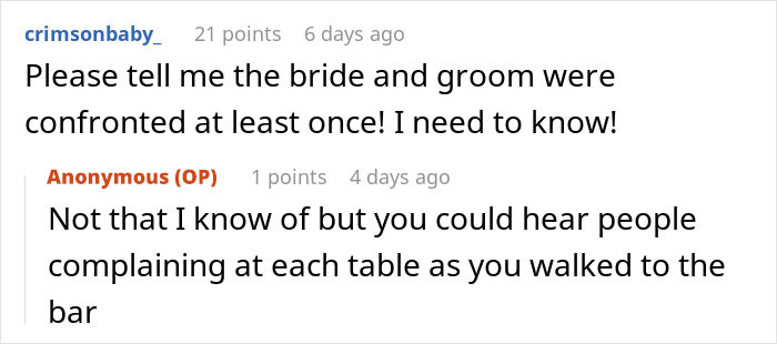 Reddit comments discussing a couple's lengthy wedding and guests complaining about the posed photos. Reddit comments discussing a couple's lengthy wedding and guests complaining about the posed photos.