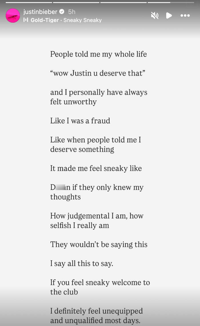 Justin Bieber shares emotional words on impostor syndrome, expressing feelings of unworthiness and self-doubt in the message. Justin Bieber shares emotional words on impostor syndrome, expressing feelings of unworthiness and self-doubt in the message.