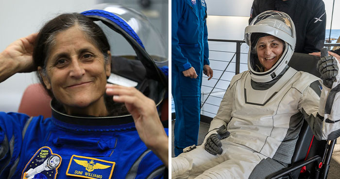 Astronaut poses in spacesuit before and after nine months in space, showing dramatic physical changes. Astronaut poses in spacesuit before and after nine months in space, showing dramatic physical changes.