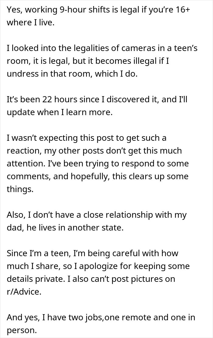 Text about teen discovering legality of hidden cameras in her room. Text about teen discovering legality of hidden cameras in her room.