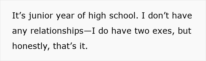 Text discussing teen's junior year, relationships, and exes. Text discussing teen's junior year, relationships, and exes.