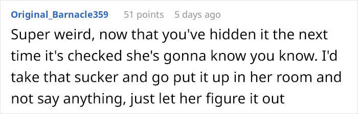 Text comment discussing hidden camera discovery and a mother's secretive behavior. Text comment discussing hidden camera discovery and a mother's secretive behavior.