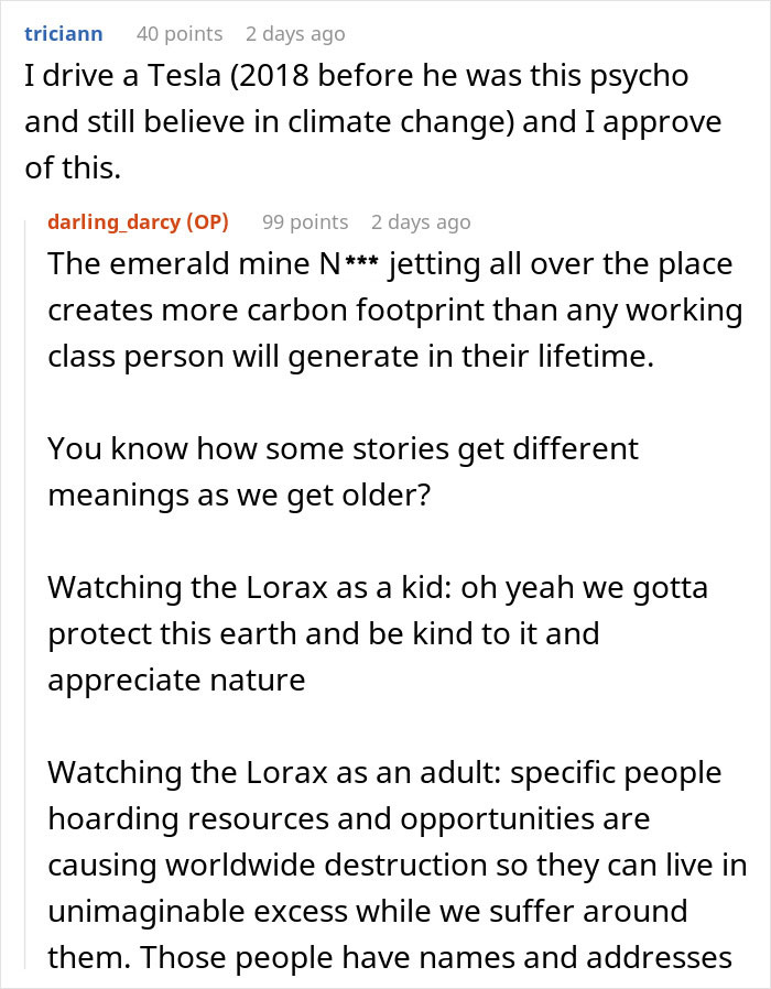 Reddit comments discussing Tesla drivers and environmental impact in relation to special treatment at charging stations. Reddit comments discussing Tesla drivers and environmental impact in relation to special treatment at charging stations.