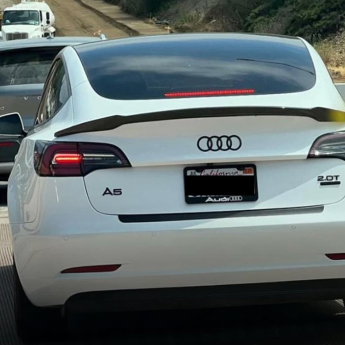 Tesla with altered logo to resemble Audi, showing owner concern amid Elon Musk controversy. Tesla with altered logo to resemble Audi, showing owner concern amid Elon Musk controversy.