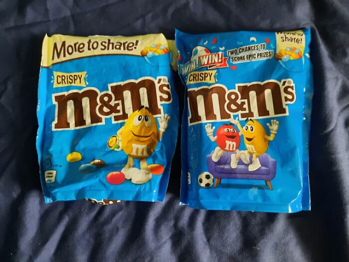 Two packs of crispy M&M's, showcasing colorful candy with popular characters on blue packaging.