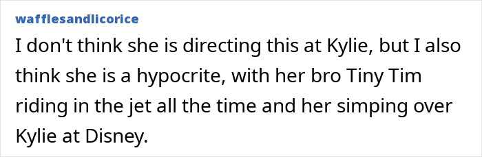 Comment critical of Kylie Jenner and Timothée Chalamet, accusing hypocrisy over jet usage and Disney visits. Comment critical of Kylie Jenner and Timothée Chalamet, accusing hypocrisy over jet usage and Disney visits.