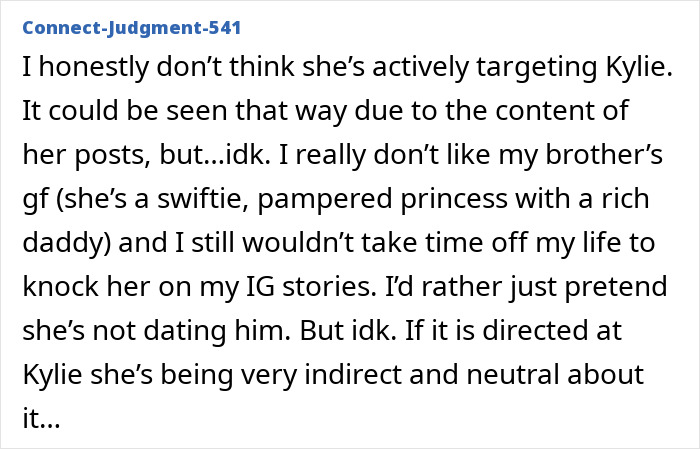 Text from social media post about Timothée Chalamet's sister's opinion on Kylie Jenner. Text from social media post about Timothée Chalamet's sister's opinion on Kylie Jenner.