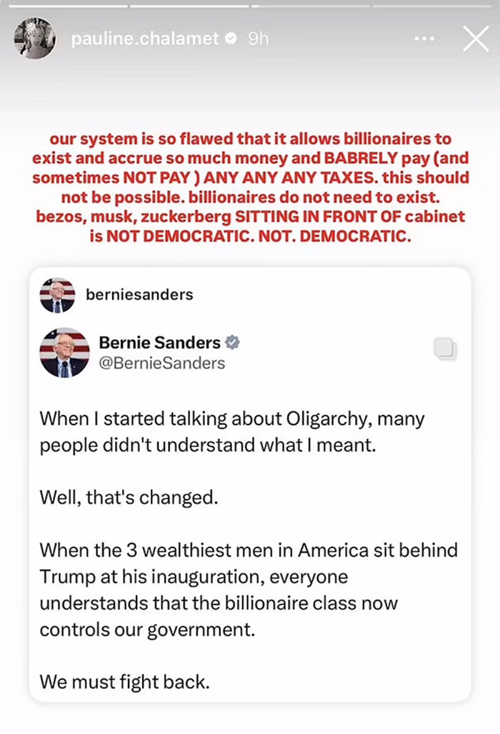 Pauline Chalamet critiques billionaire influence in viral rant on social media. Pauline Chalamet critiques billionaire influence in viral rant on social media.