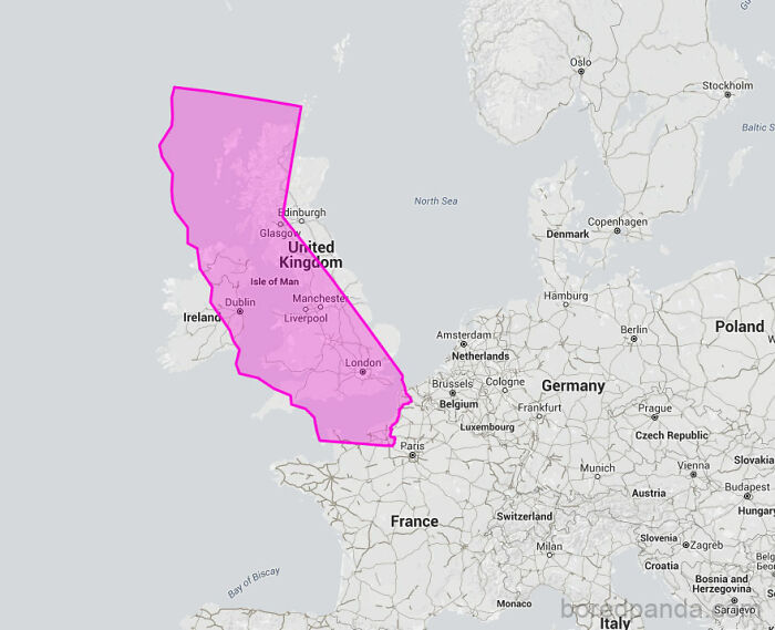 Map comparison showing UK size versus superimposed California outline, highlighting country size differences.