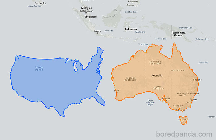 Map comparison showing the size difference between the United States and Australia.