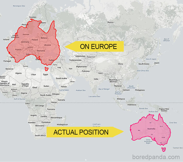 Map showing Australia's actual size compared to Europe, highlighting size misconceptions of countries.