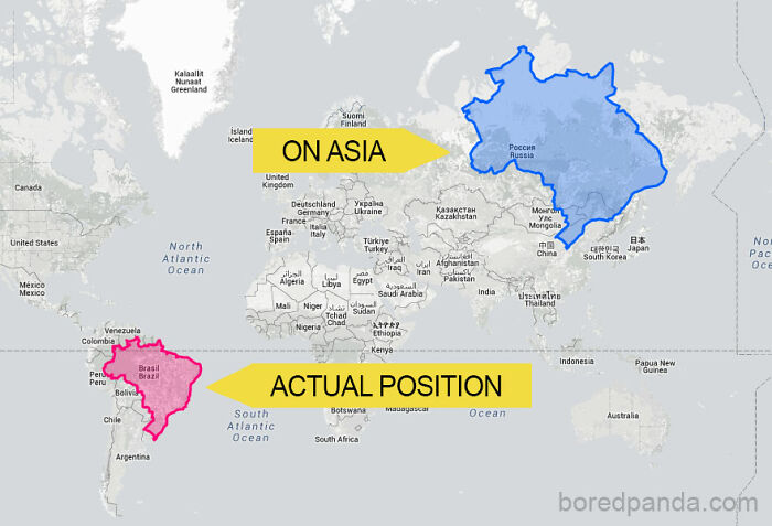 Map showing Brazil's size compared to Russia, with overlays indicating its actual position and on Asia.