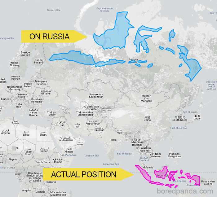Map showing Indonesia's true size compared to its overlay on Russia, illustrating country size misconceptions.