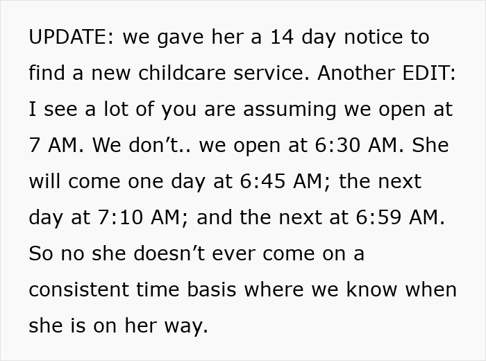 Text screenshot about inconsistent childcare drop-off times and new service notice. Text screenshot about inconsistent childcare drop-off times and new service notice.