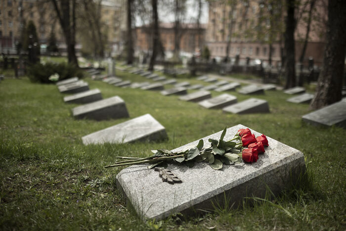 Roses on a gravestone in a cemetery, symbolizing an insignificant thing stuck forever.