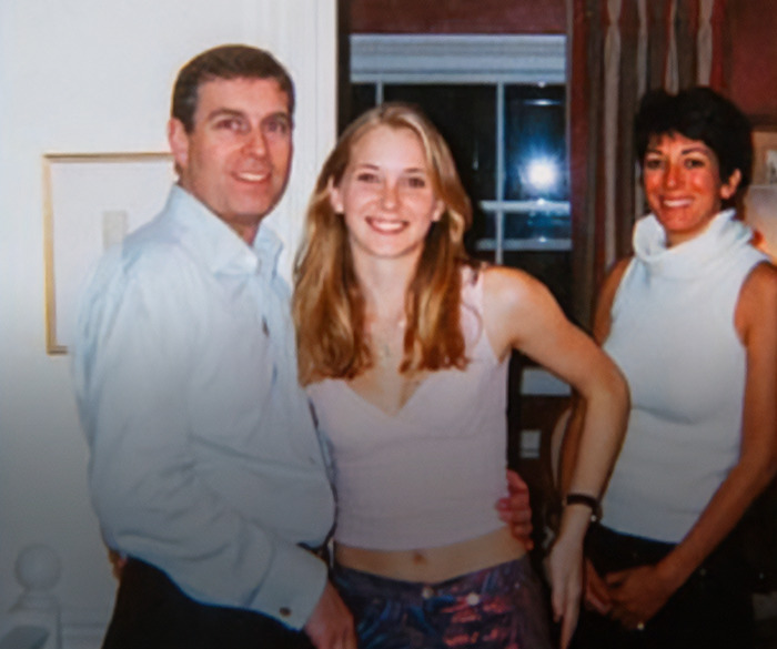 Three people posing together in a room, related to Prince Andrew's accuser. Three people posing together in a room, related to Prince Andrew's accuser.