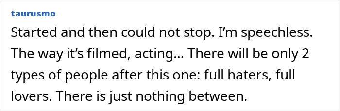 Comment about TV show "Adolescence" evokes strong feelings, mentioning polarized reactions to the filming and acting. Comment about TV show "Adolescence" evokes strong feelings, mentioning polarized reactions to the filming and acting.