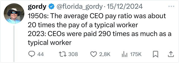 Tweet comparing CEO pay ratios, highlighting changes in American life from the 1950s to 2023. Tweet comparing CEO pay ratios, highlighting changes in American life from the 1950s to 2023.