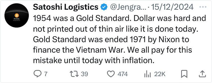 Tweet discussing the end of the Gold Standard in the past, highlighting its impact on American life and inflation today. Tweet discussing the end of the Gold Standard in the past, highlighting its impact on American life and inflation today.